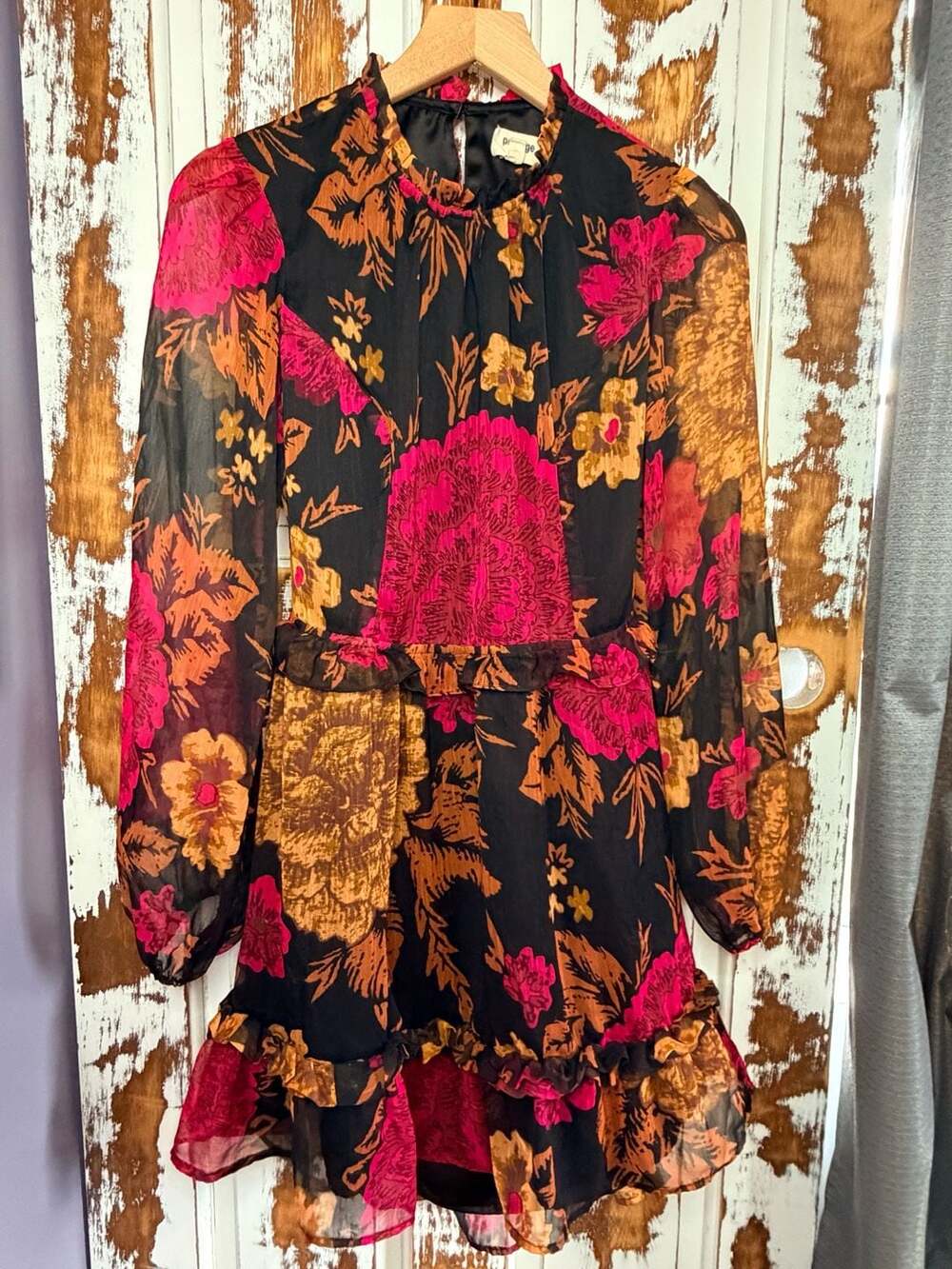 Porridge Ruffle Long Sleeve Mini Dress Size M Black Floral Print Boho Romantic
